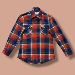 Vintage 70s Montgomery Ward Wool Flannel Plaid Button Up Shirt Long Sleeve Youth